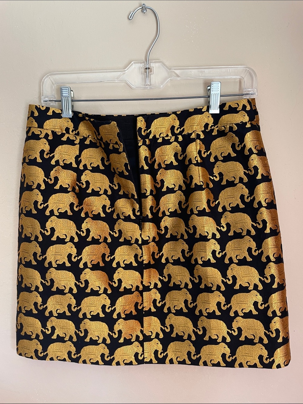 J. Crew Gold Jacquard Wrap Elephant Print front lined Black Mini Skirt - Picture 3 of 5